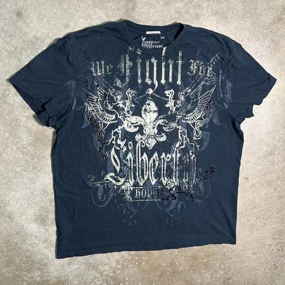 Vintage Y2K American Eagle Grunge Goth AOP Graphic Tee Men XL Black Silver Shirt - Picture 1 of 4